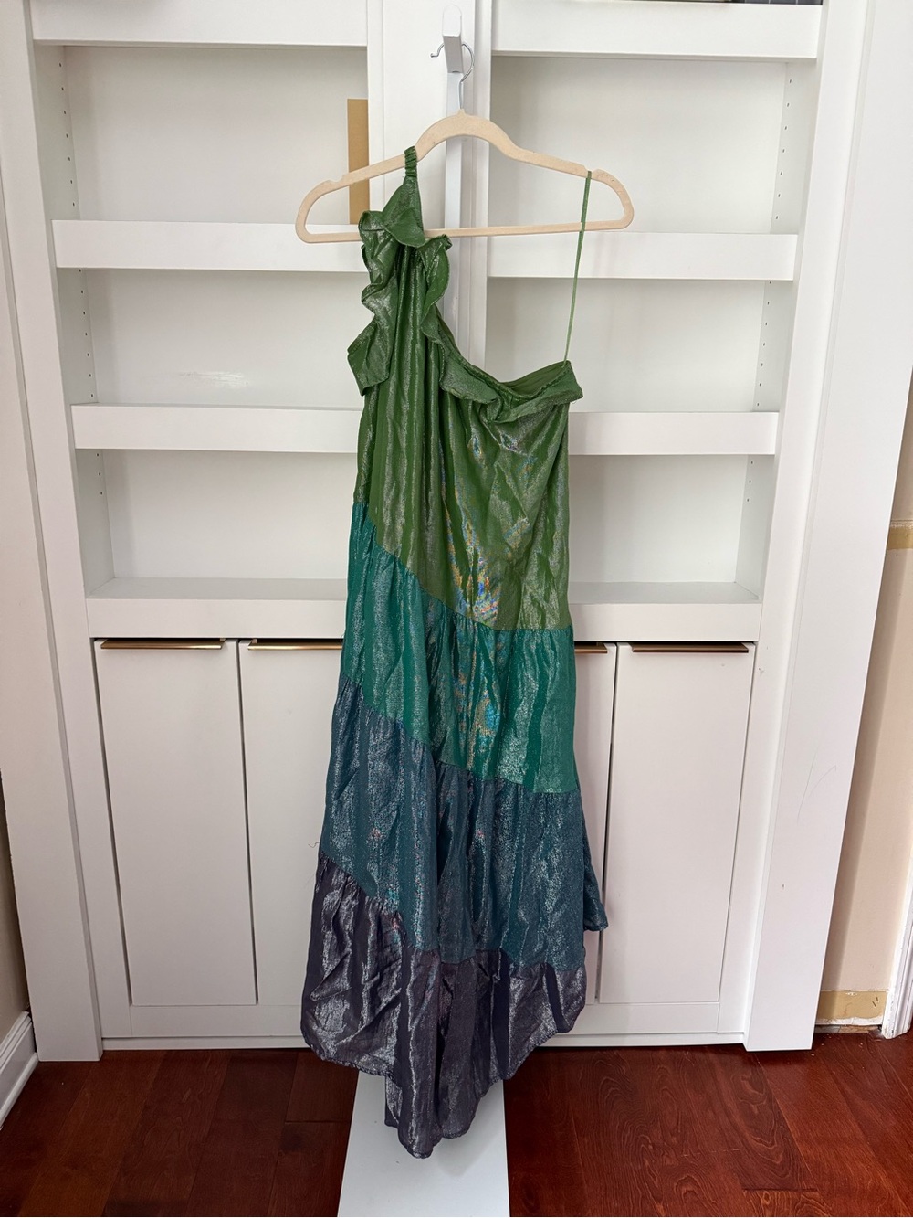 Anthropologie Maeve Metallic Ruffled One-Shoulder Color Block Dress Sz Small - Picture 3 of 7